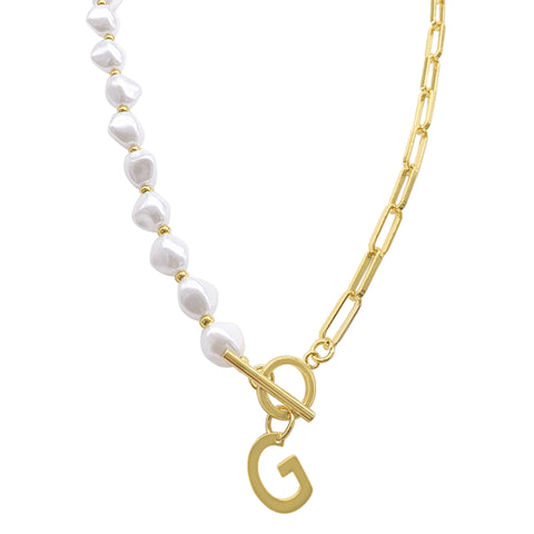 Pearl and Paperclip Chain Initial Toggle Necklace gold