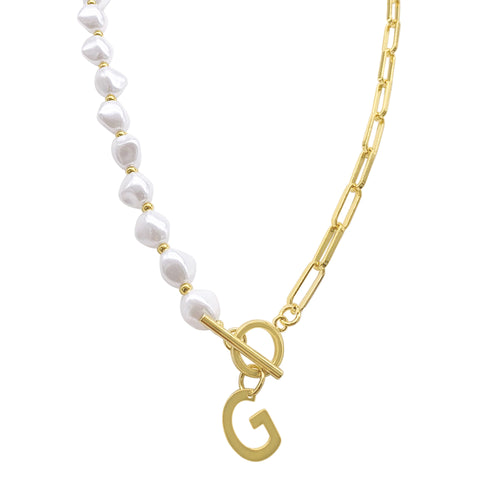 Pearl and Paperclip Chain Initial Toggle Necklace gold