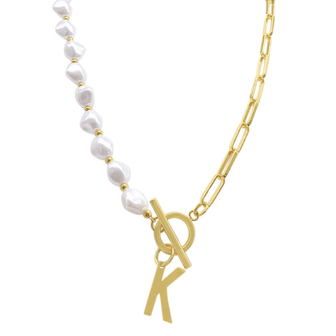 Pearl and Paperclip Chain Initial Toggle Necklace gold