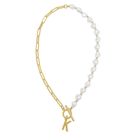 Pearl and Paperclip Chain Initial Toggle Necklace gold