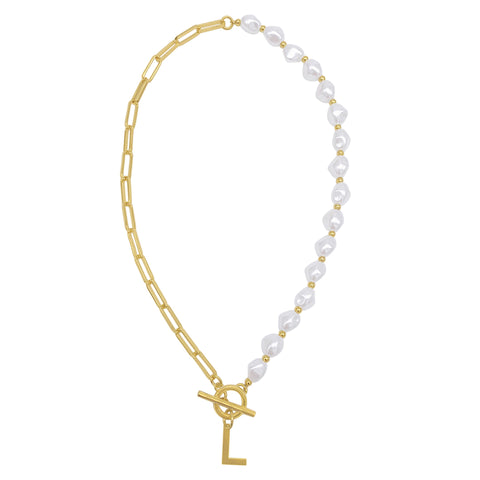 Pearl and Paperclip Chain Initial Toggle Necklace gold