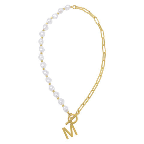 Pearl and Paperclip Chain Initial Toggle Necklace gold