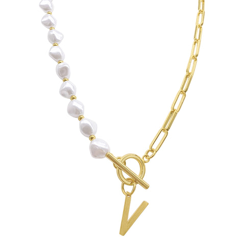 Pearl and Paperclip Chain Initial Toggle Necklace gold