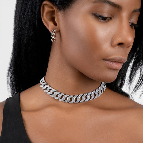 Edgy Cuban Crystal Adjustable Choker Chain Necklace silver