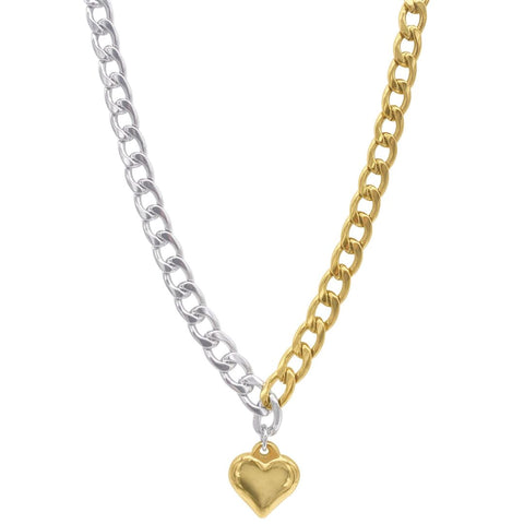Water Resistant Half and Half Heart Chain Toggle Necklace silver gold