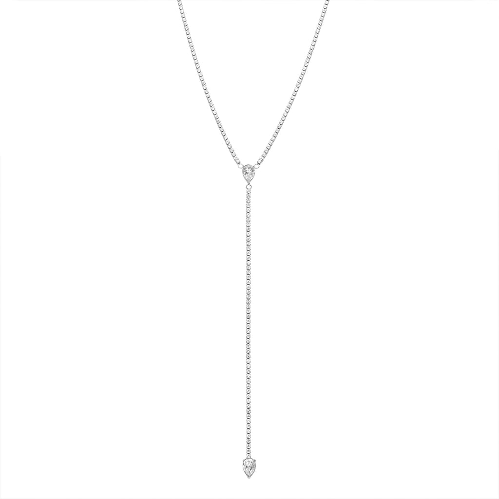 Water Resistant Crystal Y- Lariat Drop Tennis Chain Necklace silver