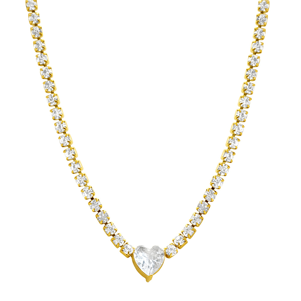 Water Resistant Crystal Heart Tennis Chain Necklace gold