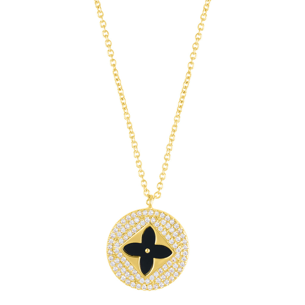 Black Inlay Pave Clover Necklace gold