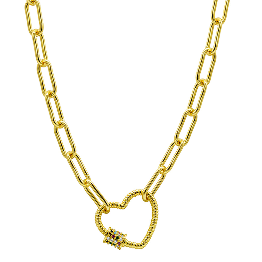 HAFURI-DaMa ロゴストロン　ネックレス 14k Gold Plated Paper Clip Chain With Rainbow Heart Screw Lock