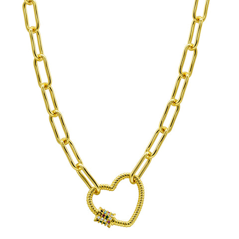 14K Gold Plated Paper Clip Chain With Rainbow Heart Screw Lock