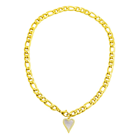 Tarnish Resistant 14K Gold Plated Figaro Chain With Crystal Halo Mother-of-Pearl Heart