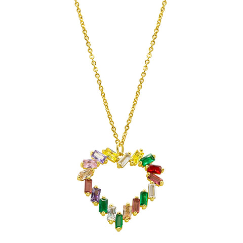 Tarnish Resistant 14k Gold Plated Crystal Rainbow Baguette Heart Pendant Necklace