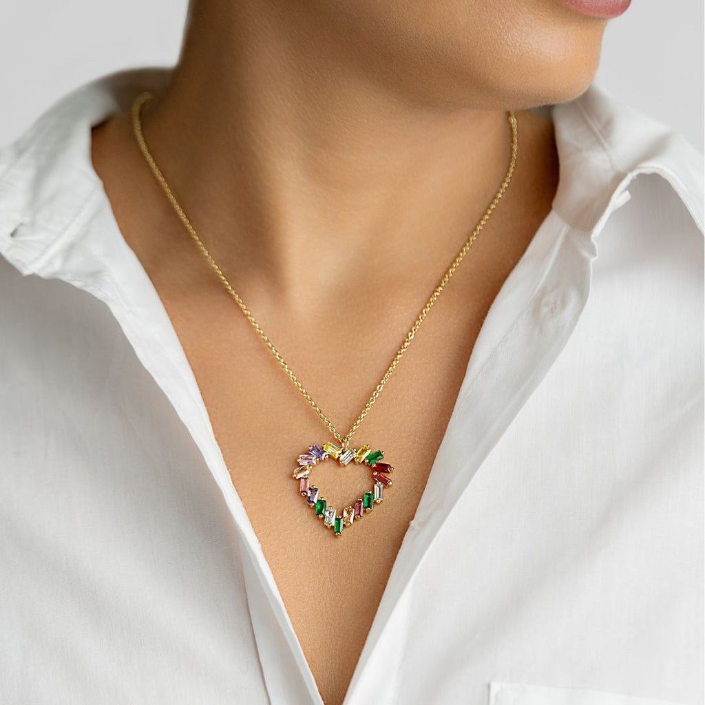 Tarnish Resistant 14k Gold Plated Crystal Rainbow Baguette Heart Penda ADORNIA