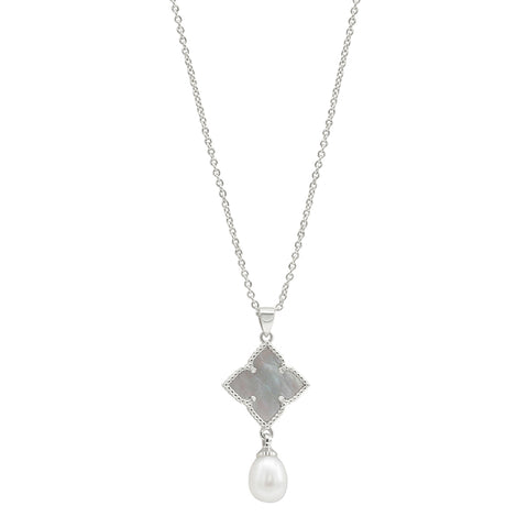 White Rhodium Plated White Mother-of-Pearl Flower With Freshwater Pearl Drop Necklace
