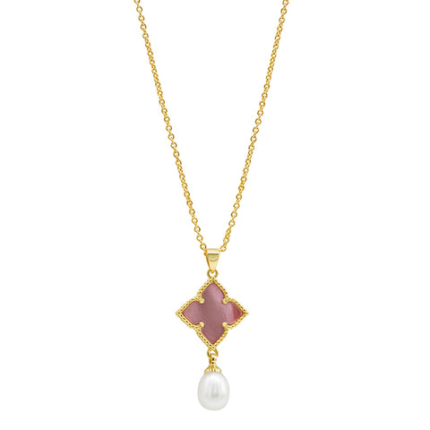 14k Gold Plated Pink Mother-of-Pearl Flower With Freshwater Pearl Drop Necklace