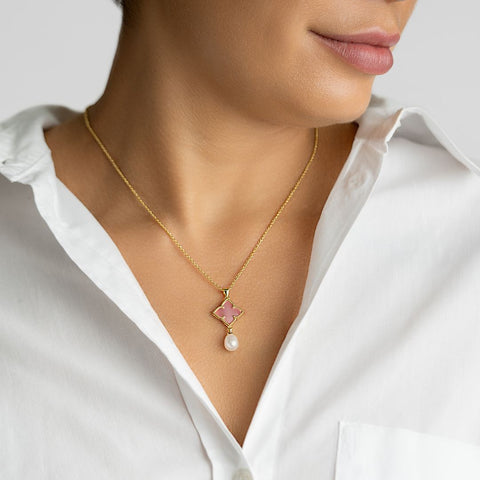 14k Gold Plated Pink Mother-of-Pearl Flower With Freshwater Pearl Drop Necklace