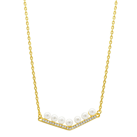 14K Gold Plated Crystal Pearl Bar V-Necklace