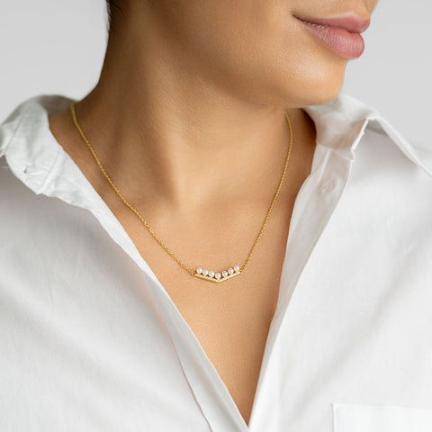14K Gold Plated Crystal Pearl Bar V-Necklace