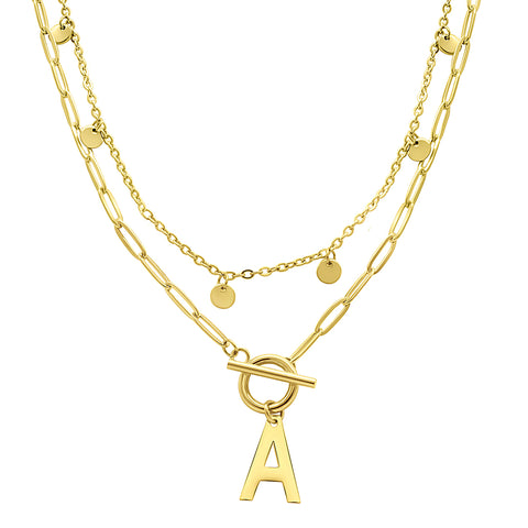 Tarnish Resistant 14K Gold Plated Confetti And Paperclip Layered Initial Toggle Necklace
