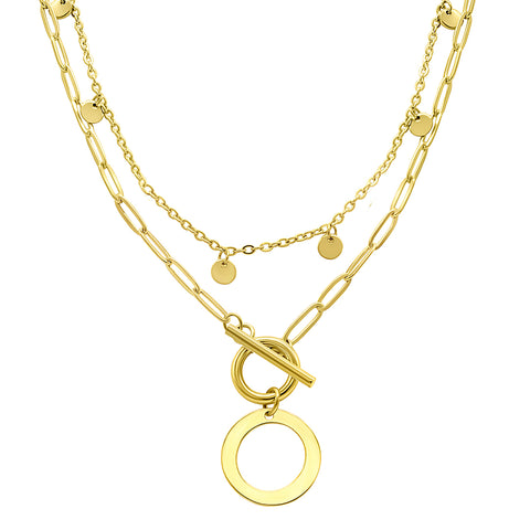 Tarnish Resistant 14K Gold Plated Confetti And Paperclip Layered Initial Toggle Necklace