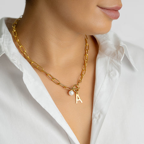 Tarnish Resistant 14k Gold Plated Freshwater Pearl Initial Toggle Necklace