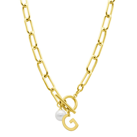 Tarnish Resistant 14k Gold Plated Freshwater Pearl Initial Toggle Necklace