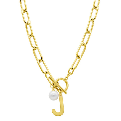 Tarnish Resistant 14k Gold Plated Freshwater Pearl Initial Toggle Necklace