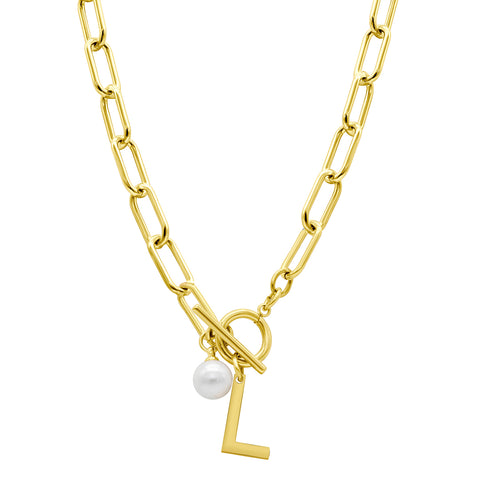 Tarnish Resistant 14k Gold Plated Freshwater Pearl Initial Toggle Necklace