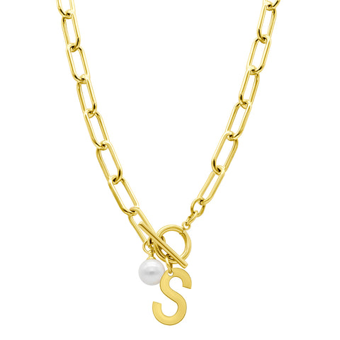 Tarnish Resistant 14k Gold Plated Freshwater Pearl Initial Toggle Necklace