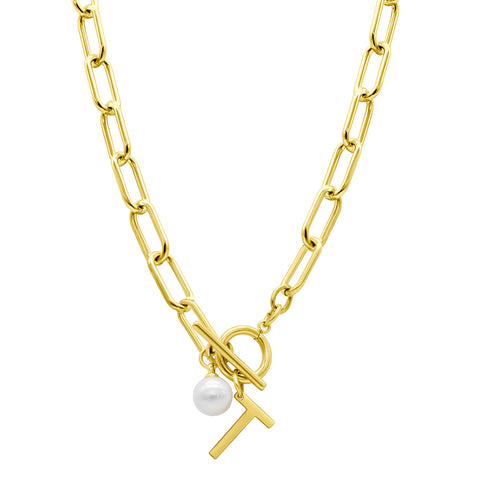 Tarnish Resistant 14k Gold Plated Freshwater Pearl Initial Toggle Necklace