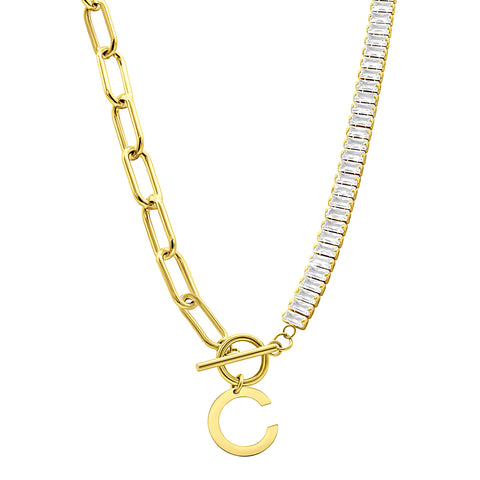 14K Gold Plated Half Crystal And Half Paperclip Initial Toggle Necklace