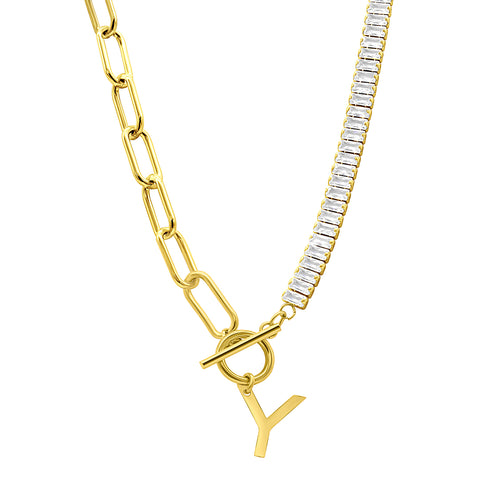 14K Gold Plated Half Crystal And Half Paperclip Initial Toggle Necklace