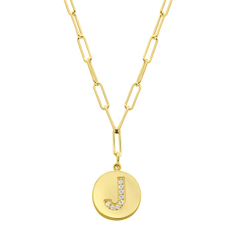 Tarnish Resistant 14k Gold Plated Pave Crystal Initial Disc Paperclip Necklace