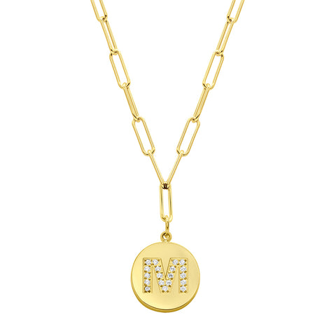 Tarnish Resistant 14K Gold Plated Pave Crystal Initial Disc Paperclip Necklace