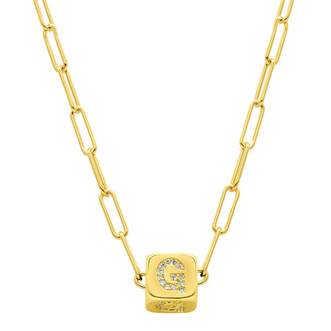 14K Gold Plated Initial Cube Paperclip Necklace