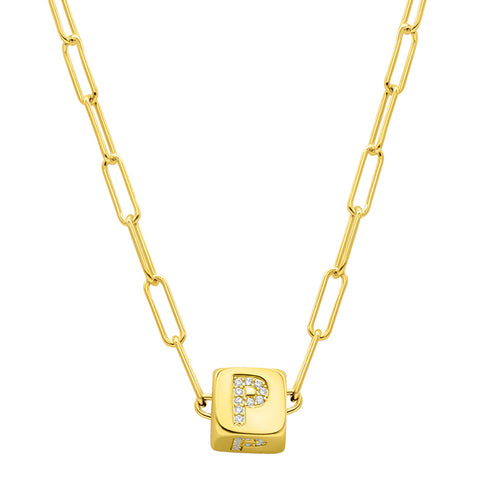 14K Gold Plated Initial Cube Paperclip Necklace