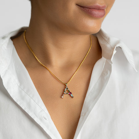 14K Gold Plated Multi Color Stone Initial Necklace