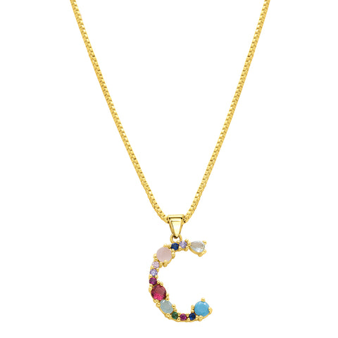 14K Gold Plated Multi Color Stone Initial Necklace