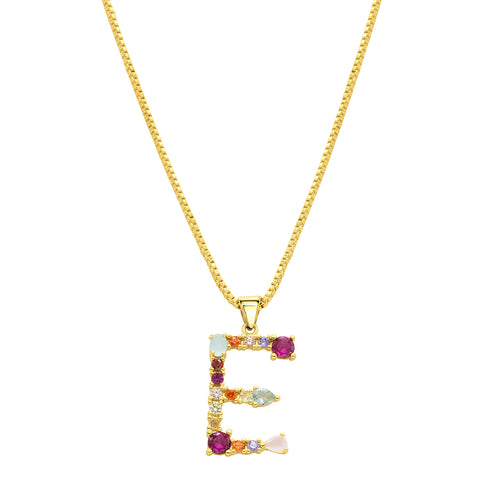 14K Gold Plated Multi Color Stone Initial Necklace