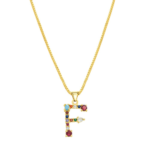 14K Gold Plated Multi Color Stone Initial Necklace