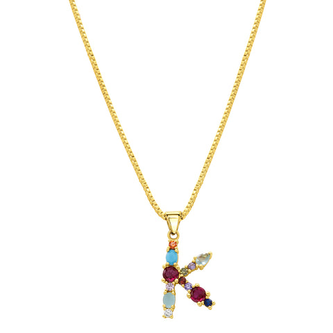 14K Gold Plated Multi Color Stone Initial Necklace