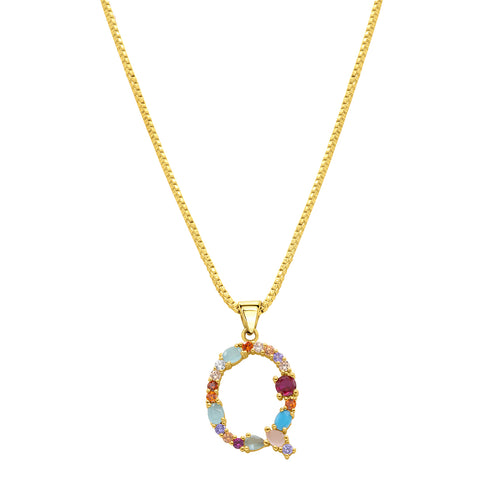 14K Gold Plated Multi Color Stone Initial Necklace