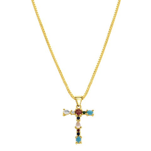 14K Gold Plated Multi Color Stone Initial Necklace