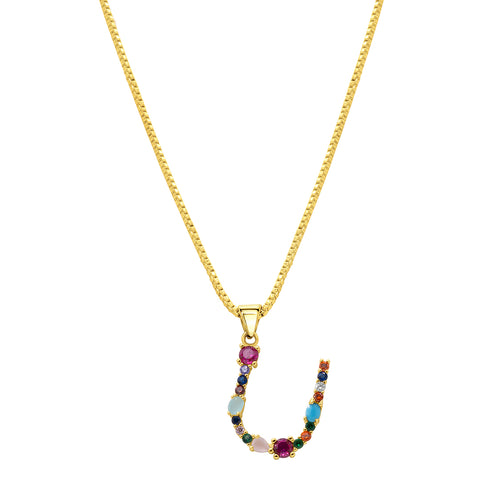 14K Gold Plated Multi Color Stone Initial Necklace