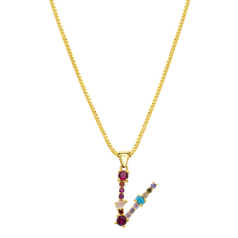 14K Gold Plated Multi Color Stone Initial Necklace