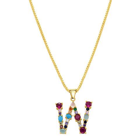 14K Gold Plated Multi Color Stone Initial Necklace