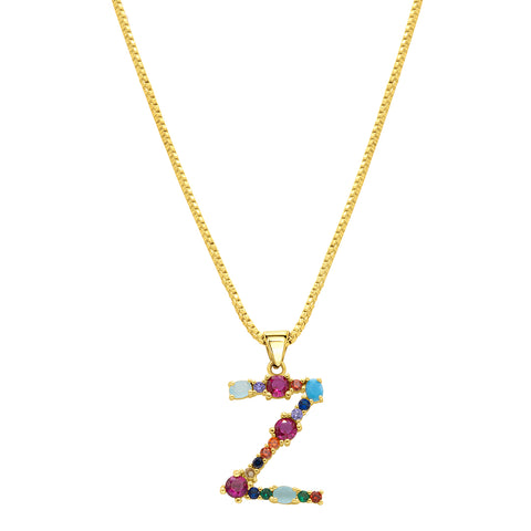 14K Gold Plated Multi Color Stone Initial Necklace