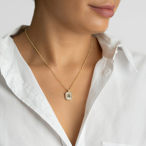 14K Gold Plated White Mother-of-Pearl Initial Tablet Necklace