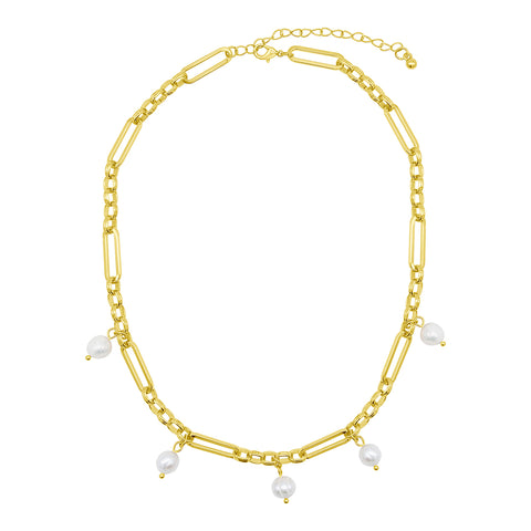 14K Gold Plated Adjustable Freshwater Pearl Mixed Link Chain Necklace