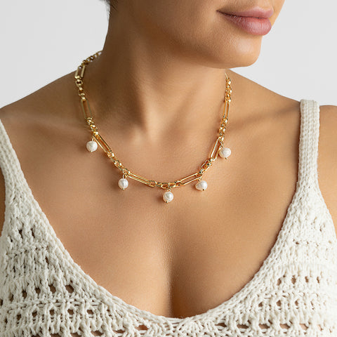 14k Gold Plated Adjustable Freshwater Pearl Mixed Link Chain Necklace